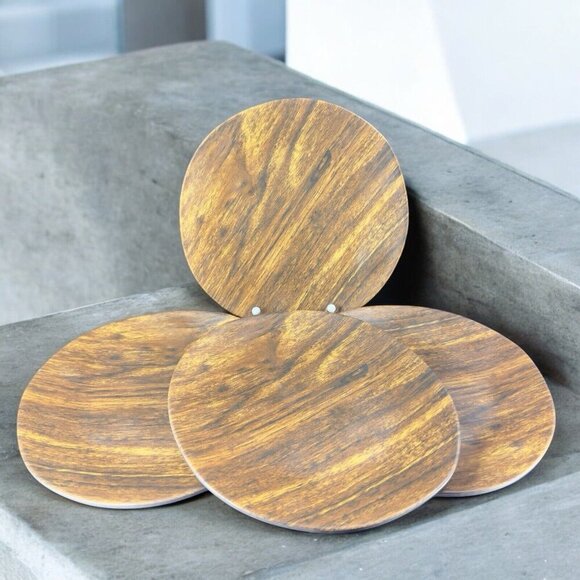 Vintage Melamine Plate Dish Natural Wood Look Rustic Set 4 Round Plates 8inch - Picture 1 of 16